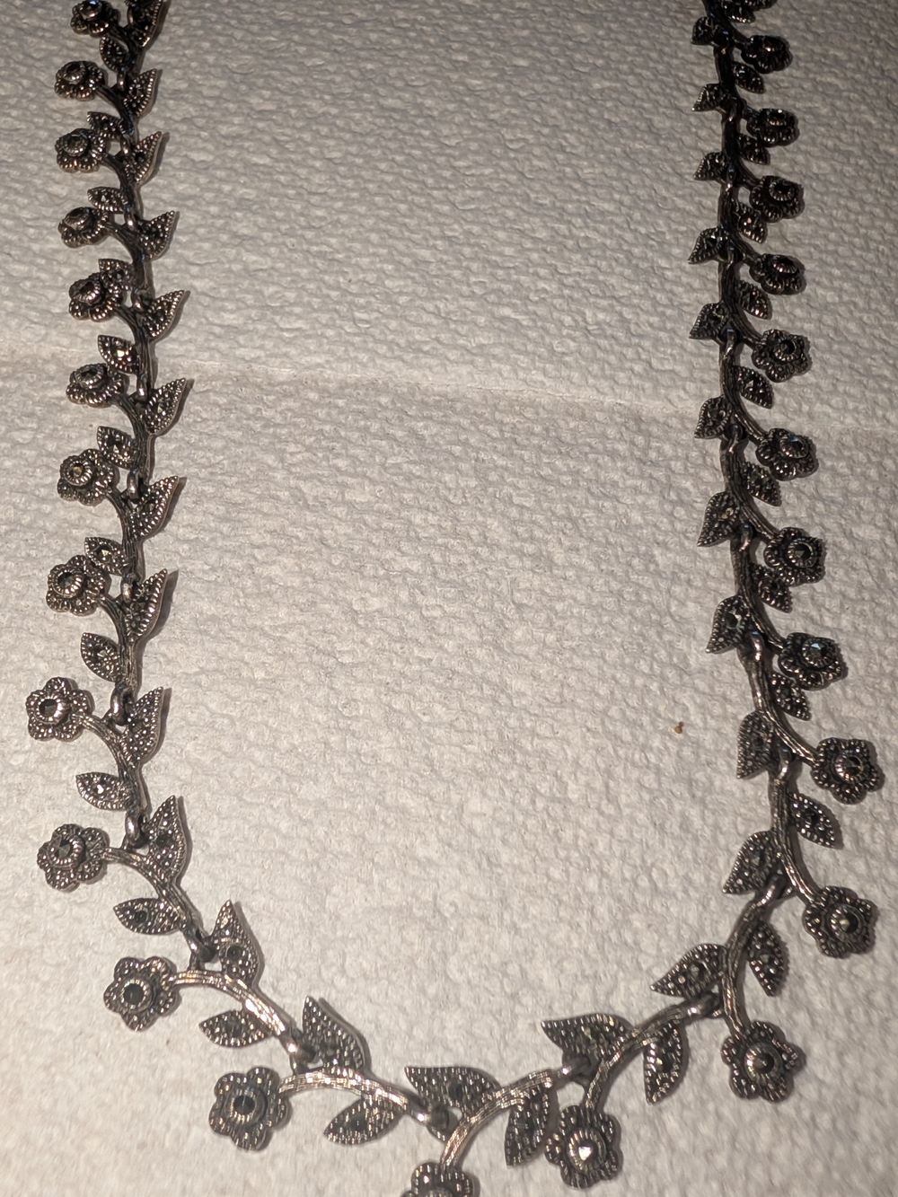 Vintage Paris Sterling Marcasite Flower Necklace 16.5"